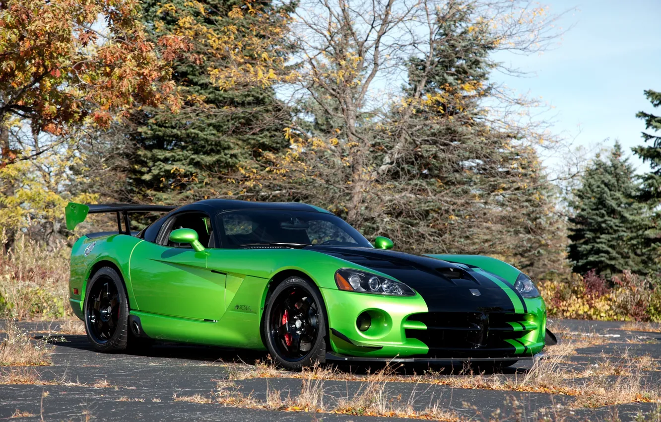 Photo wallpaper autumn, trees, green, green, Dodge, Viper, Dodge, Viper