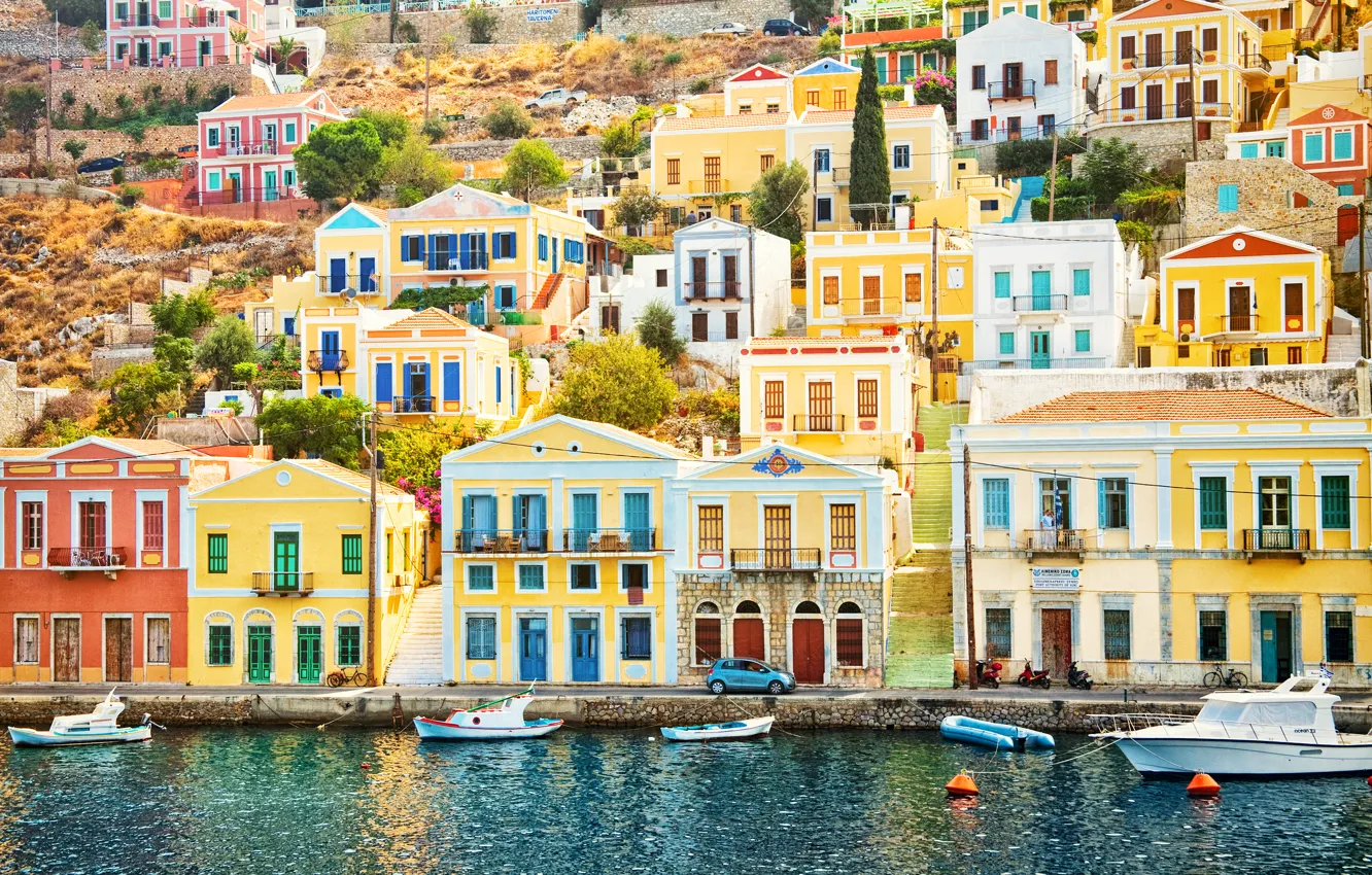 Photo wallpaper summer, building, home, boats, Greece, pier, summer, boats