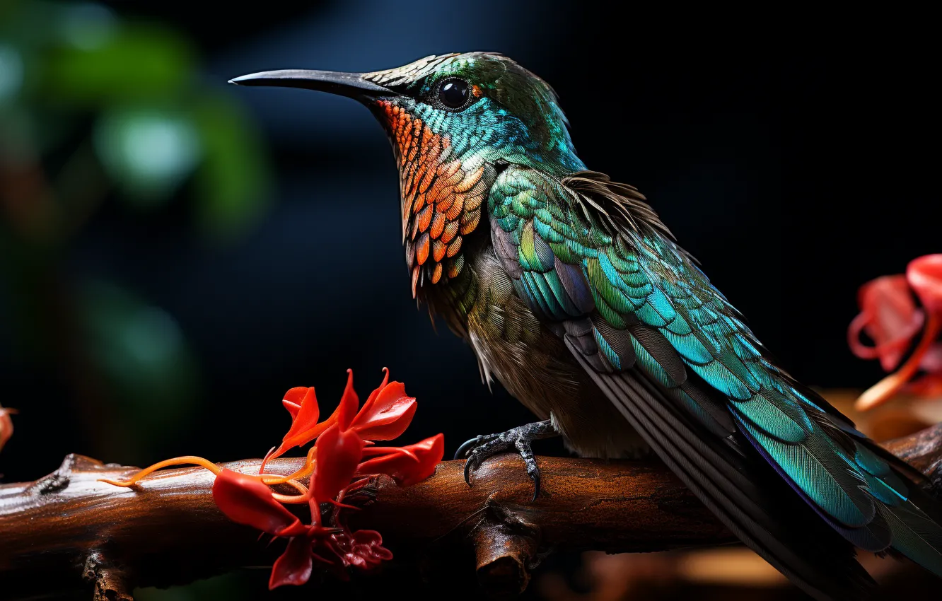 Photo wallpaper look, flowers, branches, red, the dark background, bird, Hummingbird, bird