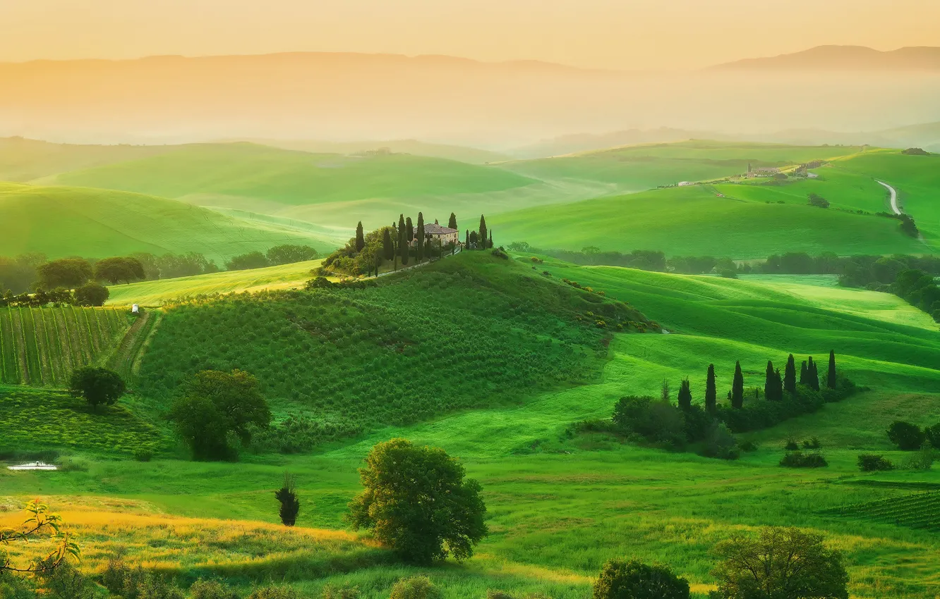 Photo wallpaper trees, house, field, spring, morning, Italy, May, estate