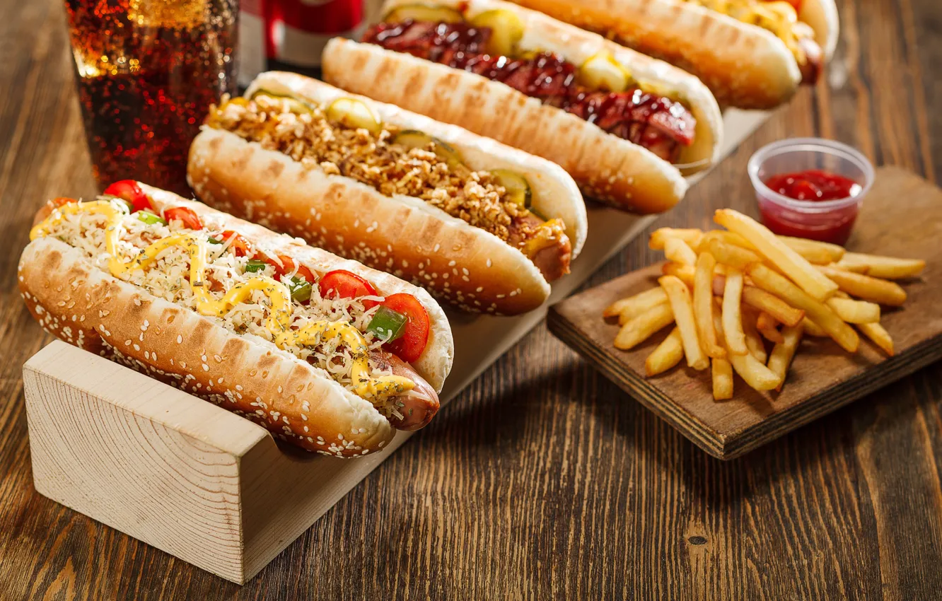 Photo wallpaper cheese, ketchup, sausage, hot dog, French fries, fast food