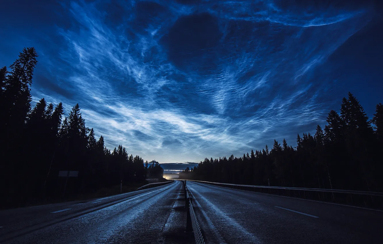 Photo wallpaper road, clouds, trees, horizon, highway, road, trees, clouds