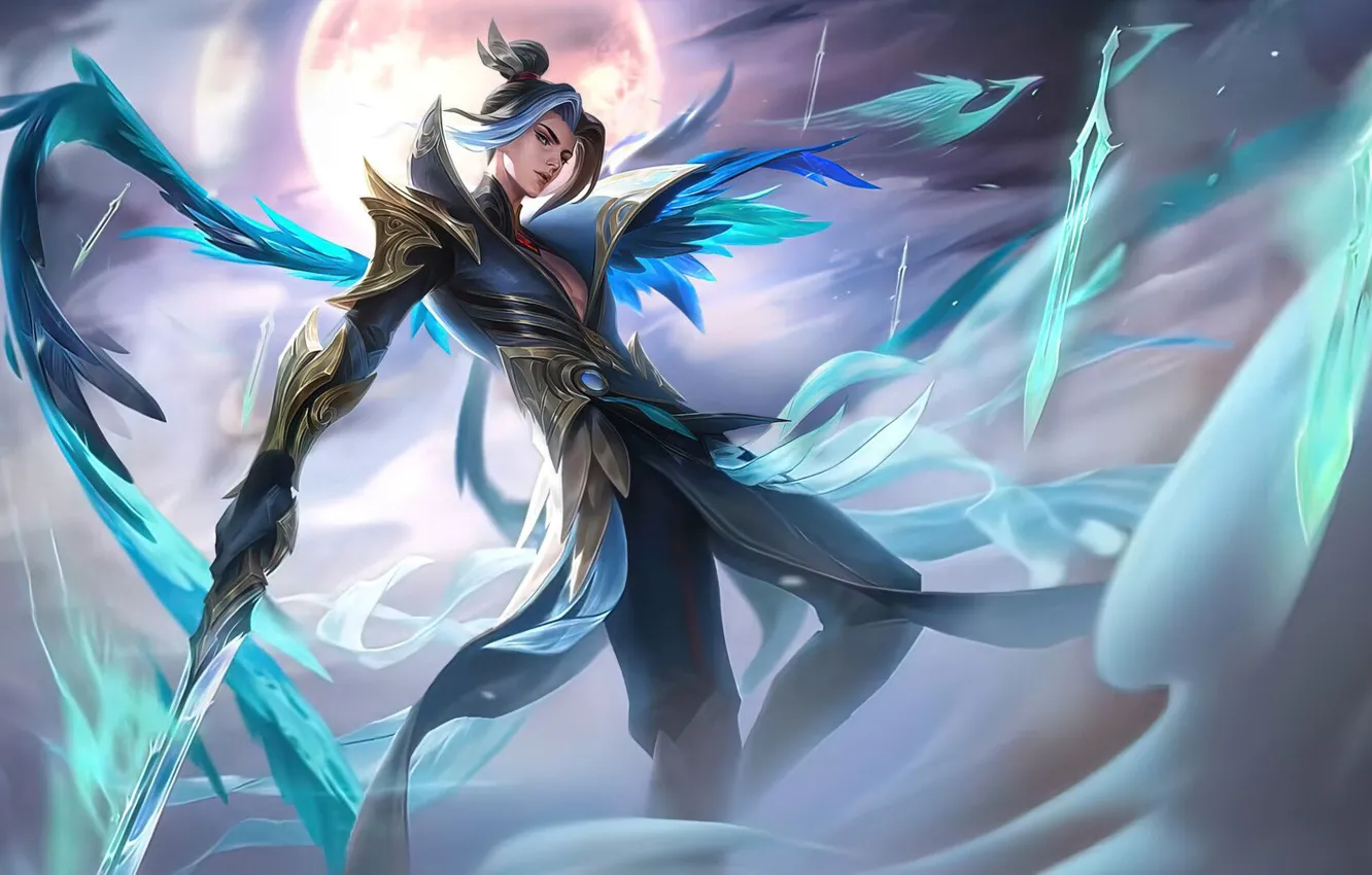 Photo wallpaper look, pose, weapons, bird, magic, the moon, the game, wings