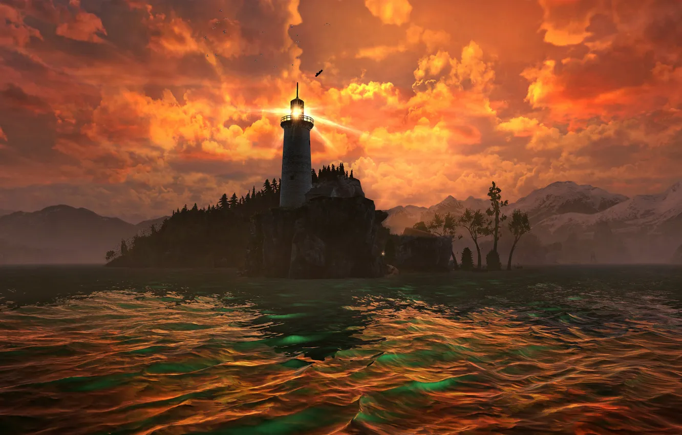 Photo wallpaper sea, the sky, clouds, mountains, rendering, rocks, lighthouse