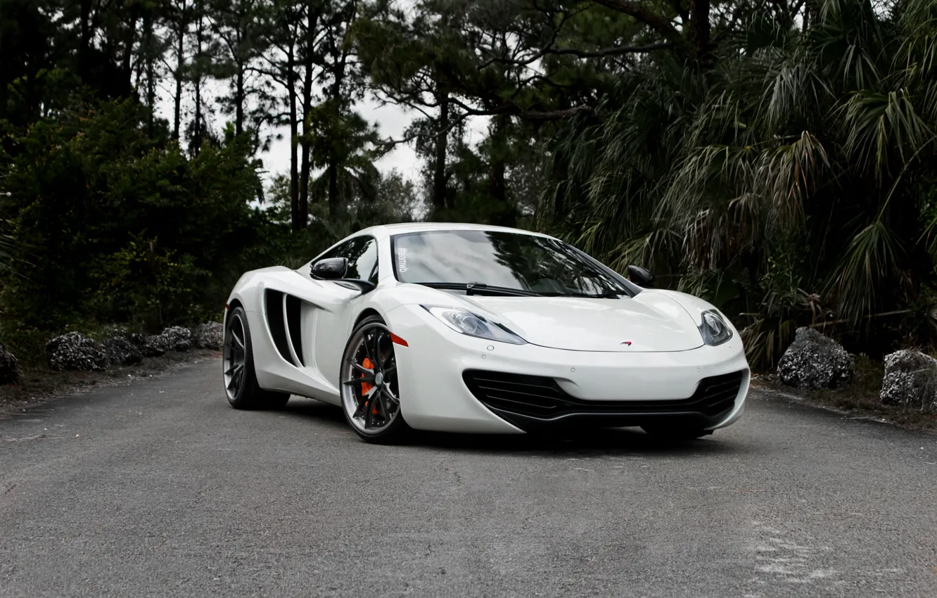 Photo wallpaper road, white, the sky, trees, McLaren, white, MP4-12C, the front