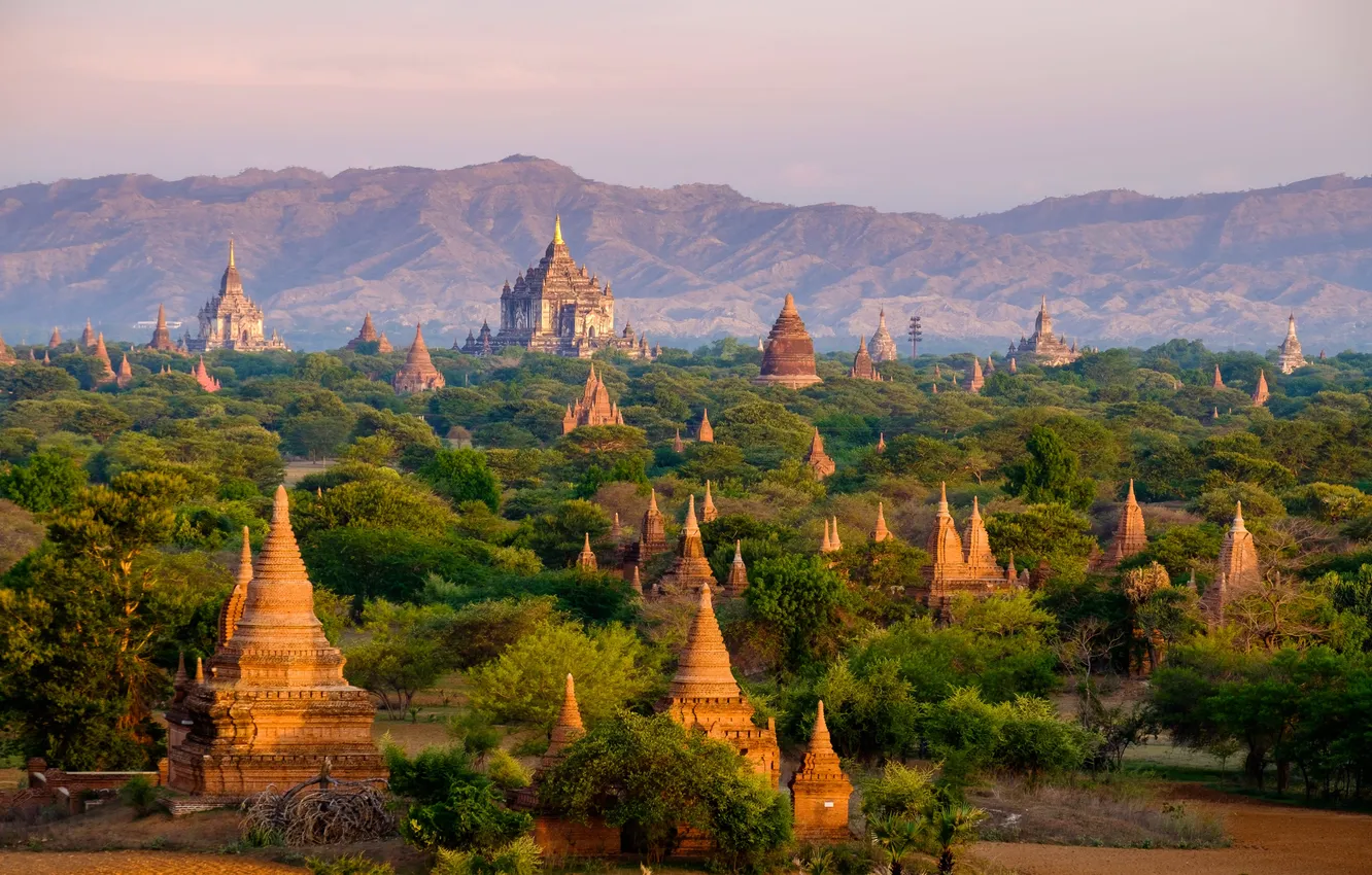Photo wallpaper panorama, old, morning, Monument, pagoda, monastery, Myanmar