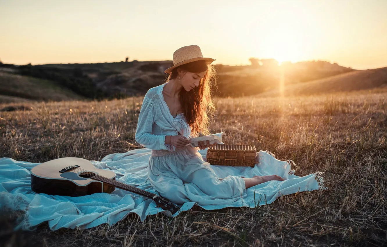 Photo wallpaper girl, rays, sunset, nature, pose, guitar, book, Nicholas David Furnari