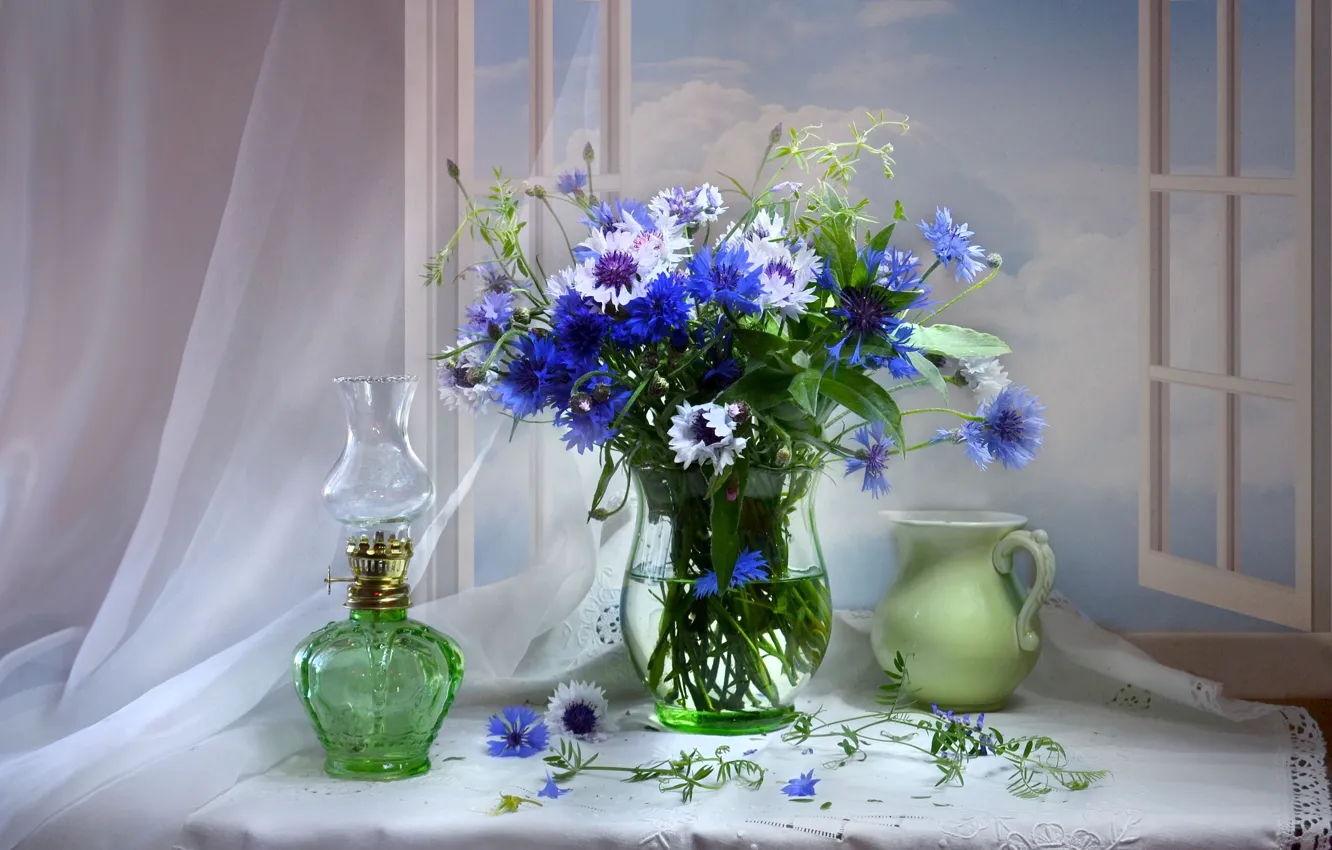 Photo wallpaper bouquet, window, pitcher, cornflowers