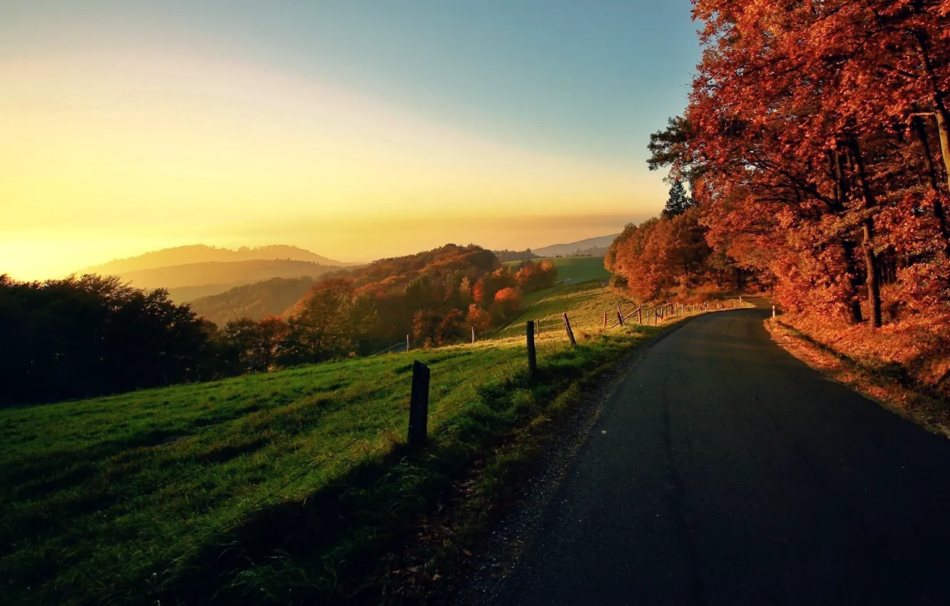 Photo wallpaper road, autumn, the sky, the sun, trees, landscape, sunset, nature