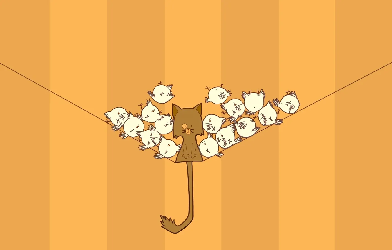Photo wallpaper cat, cat, birds, strip, chickens, thread