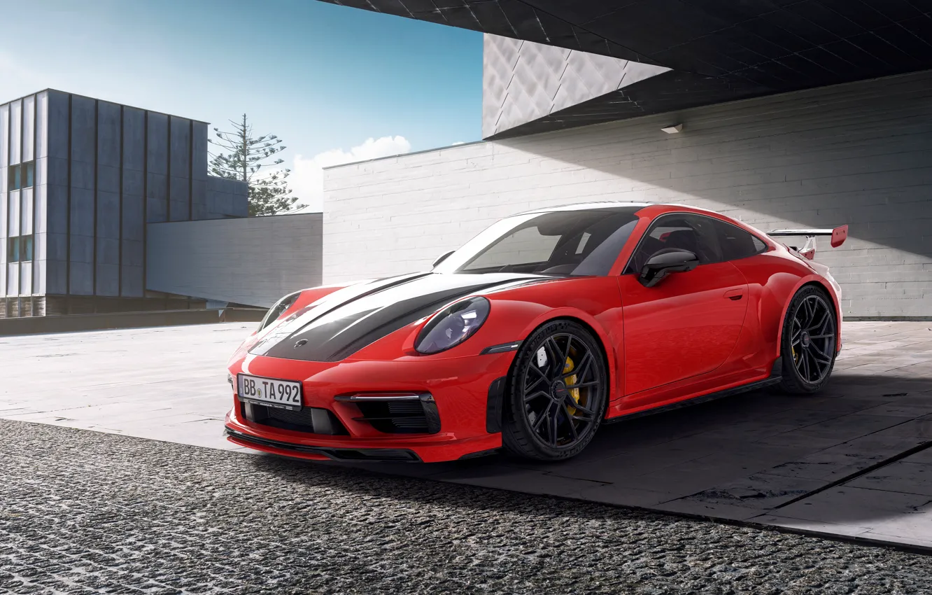 Photo wallpaper red, Porsche 911, Carrera GTS Coupe, Side, TechArt, Front, 992, Porsche