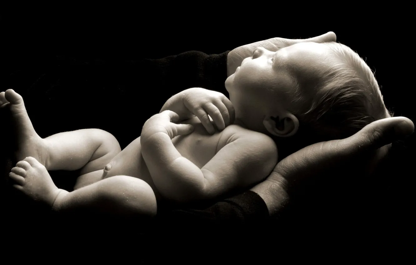 Photo wallpaper hands, baby, black and white, child