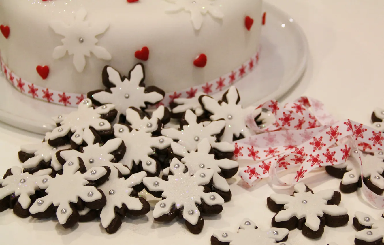 Photo wallpaper white, snowflakes, holiday, food, cookies, Christmas, tape, hearts