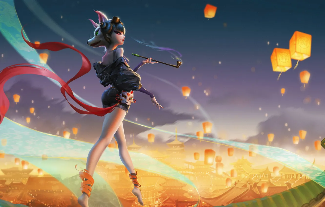 Photo wallpaper smoking, fox, women, digital art, artwork, fantasy art, Illustration, dark hair