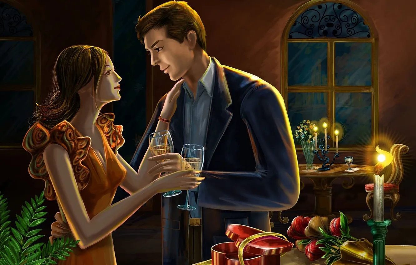 Photo wallpaper girl, flowers, romance, meeting, candles, art, male, two