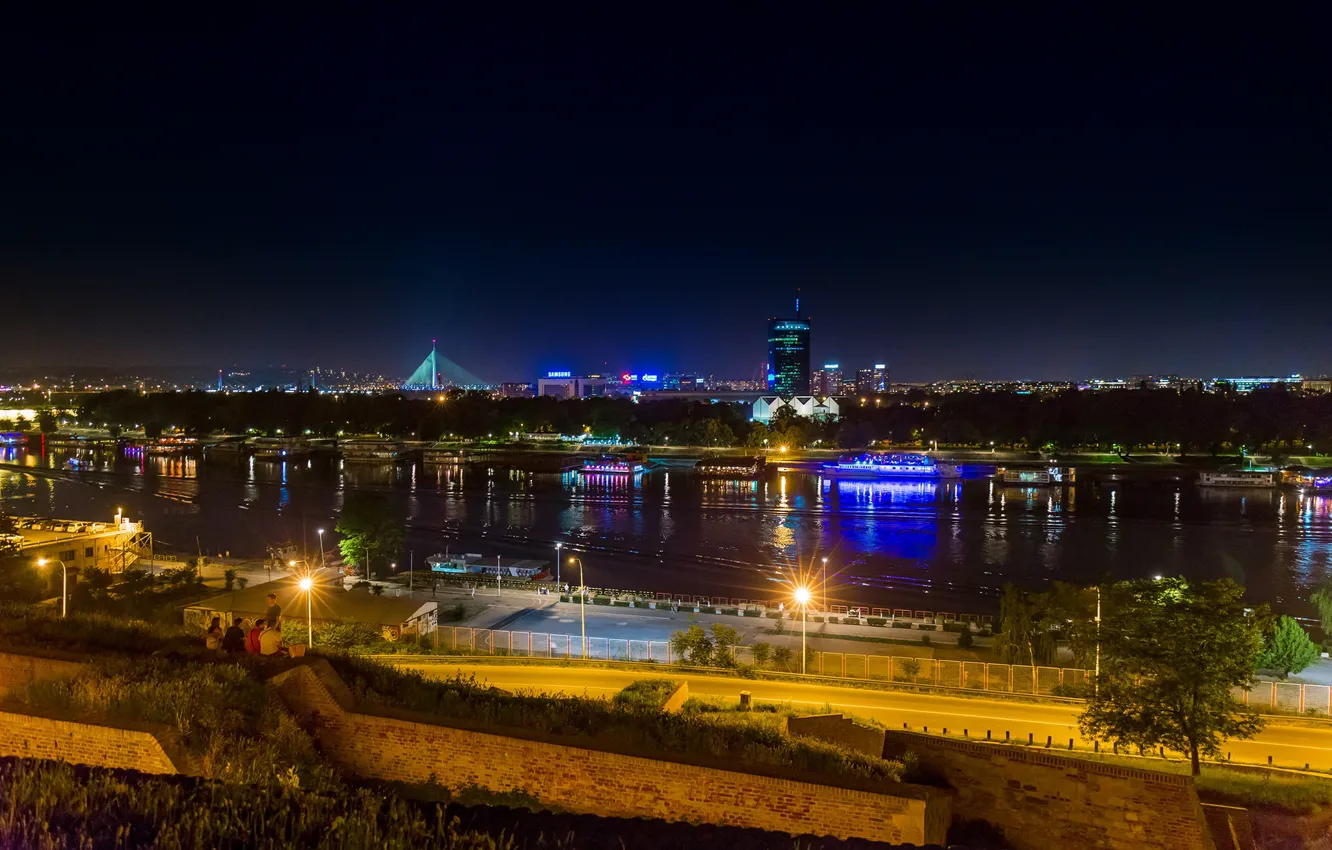 Photo wallpaper night, lights, river, home, lights, promenade, Serbia, court