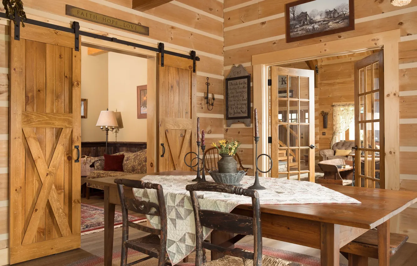Photo wallpaper interior, dining room, sunny room, modern farmhouse, log house