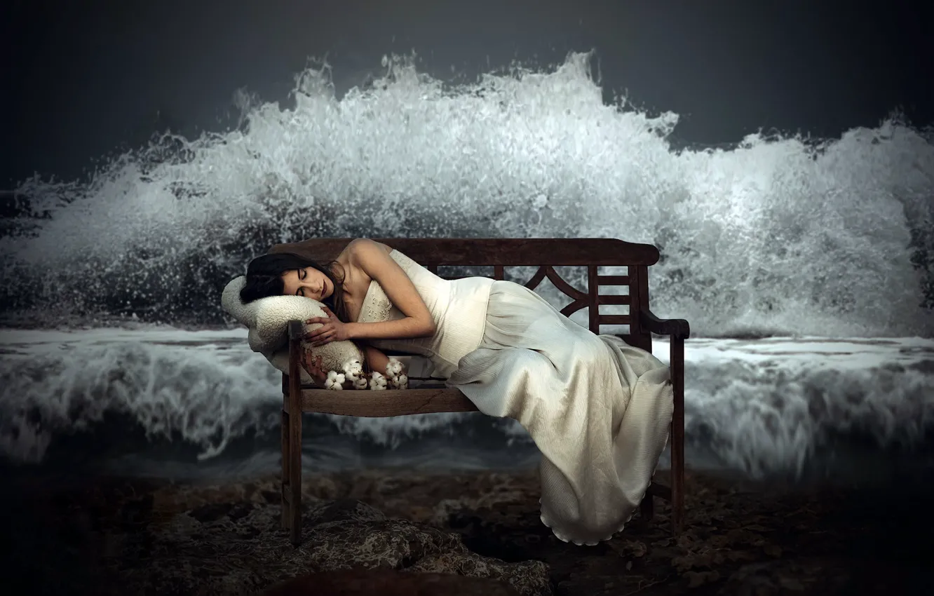 Photo wallpaper wave, girl, bench