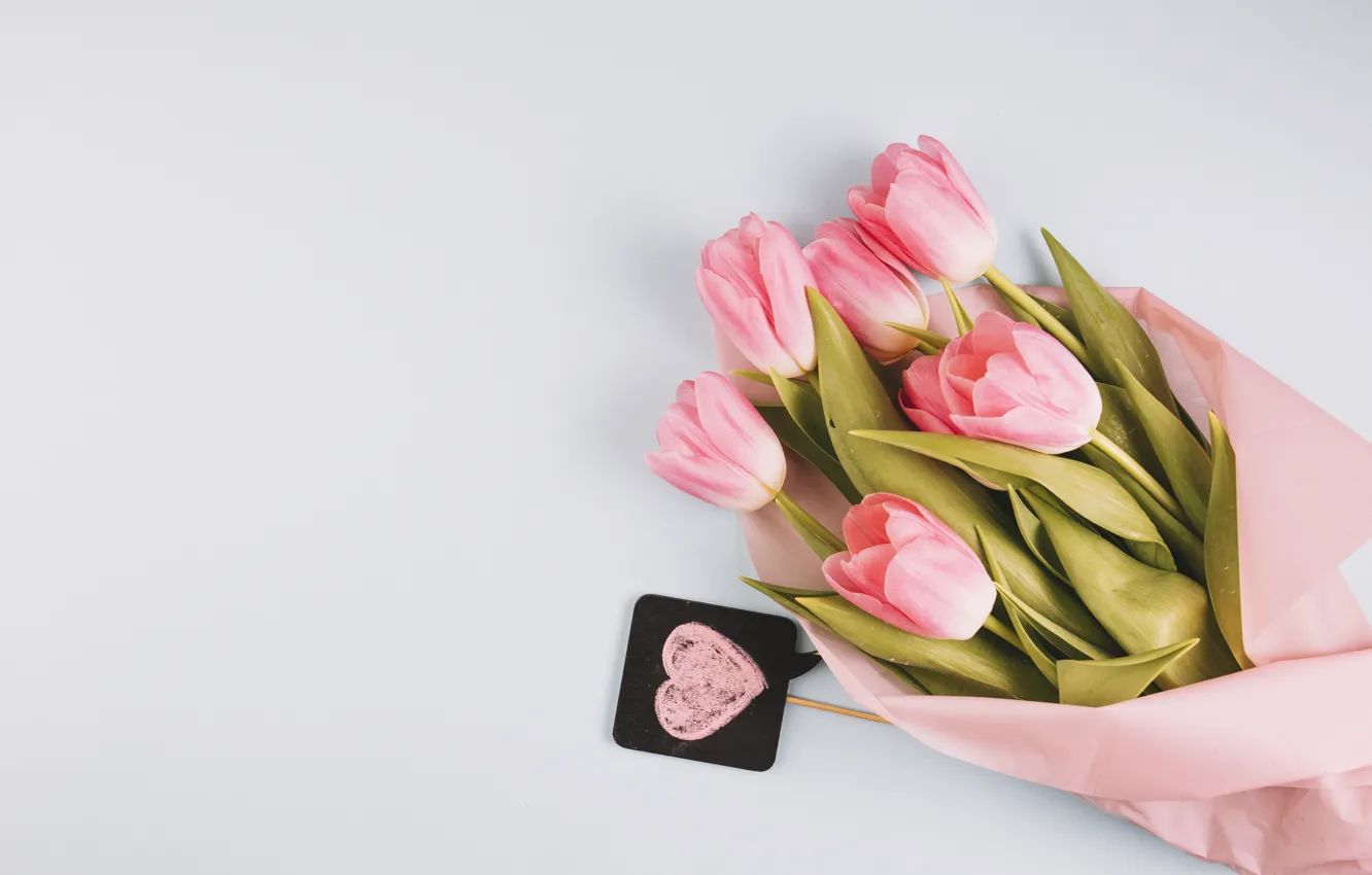 Photo wallpaper flowers, heart, bouquet, tulips, love, pink, fresh, heart