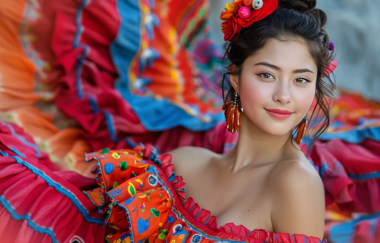 Photo wallpaper look, girl, decoration, pose, smile, bright, portrait, dance