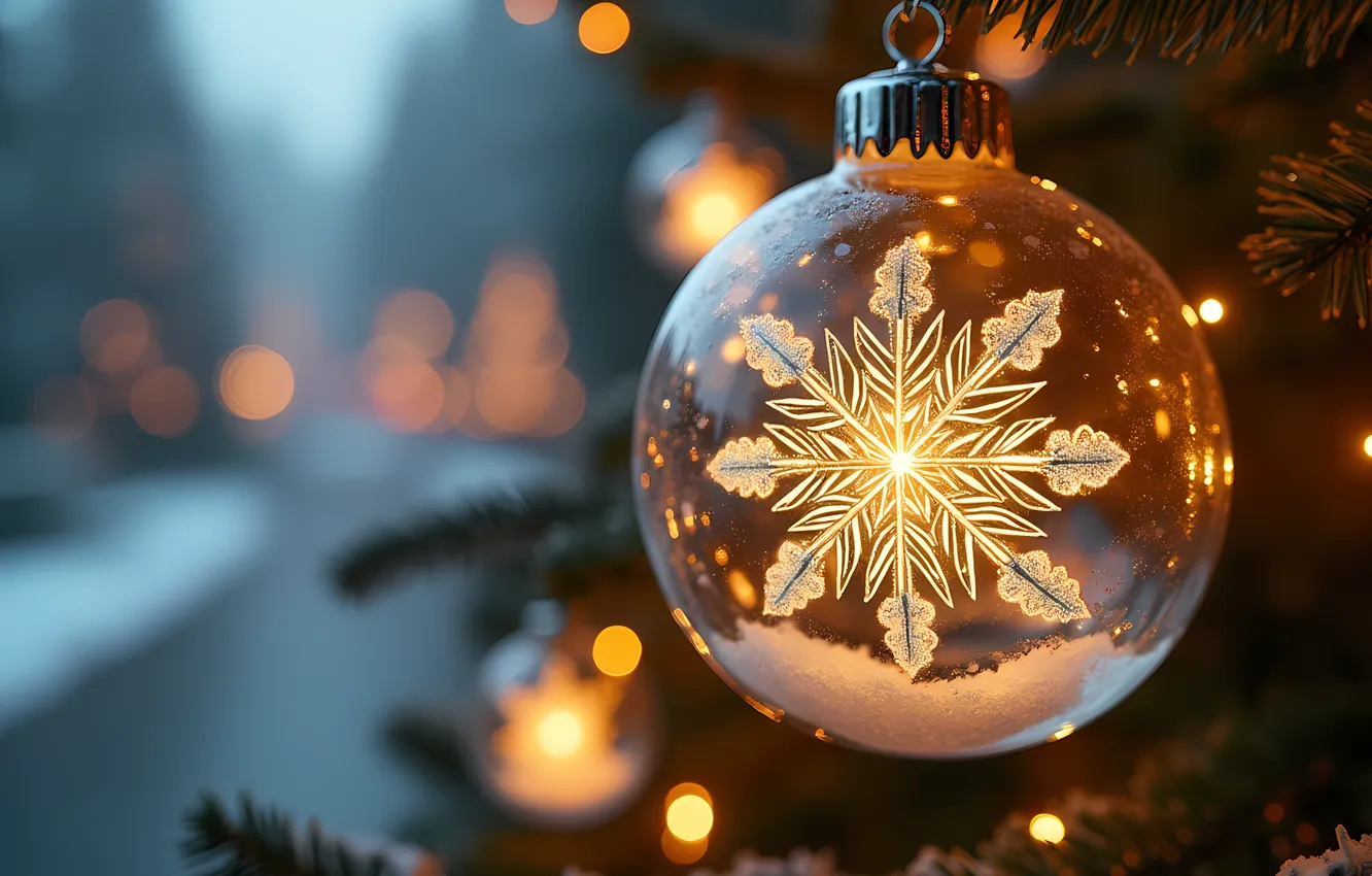 Photo wallpaper balls, light, snowflakes, new year, Christmas, garland, herringbone, needles