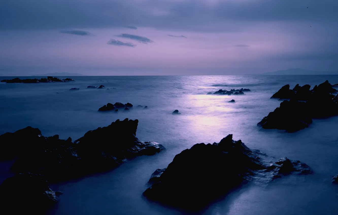 Photo wallpaper sea, the sky, clouds, stones, lilac, shore, the evening, Japan