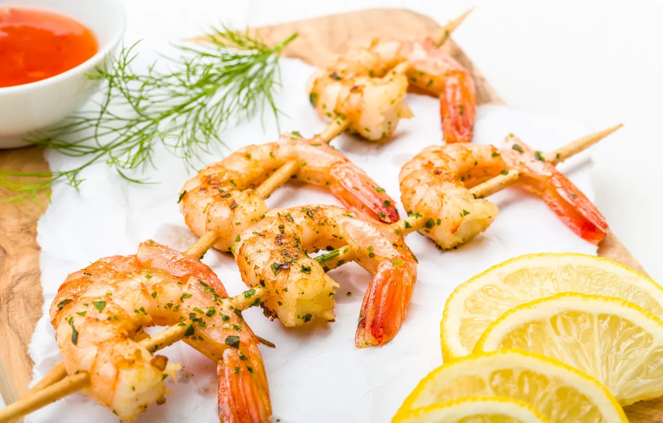 Photo wallpaper table, lemon, dill, white background, sauce, skewers, shrimp