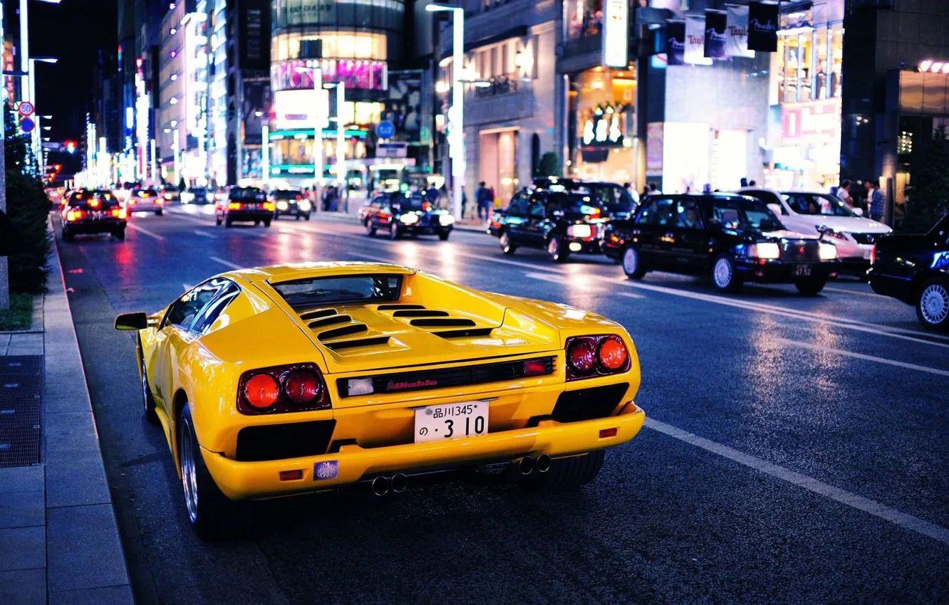 Photo wallpaper car, city, Auto, Yellow, The city, Lamborghini, yellow, Diablo