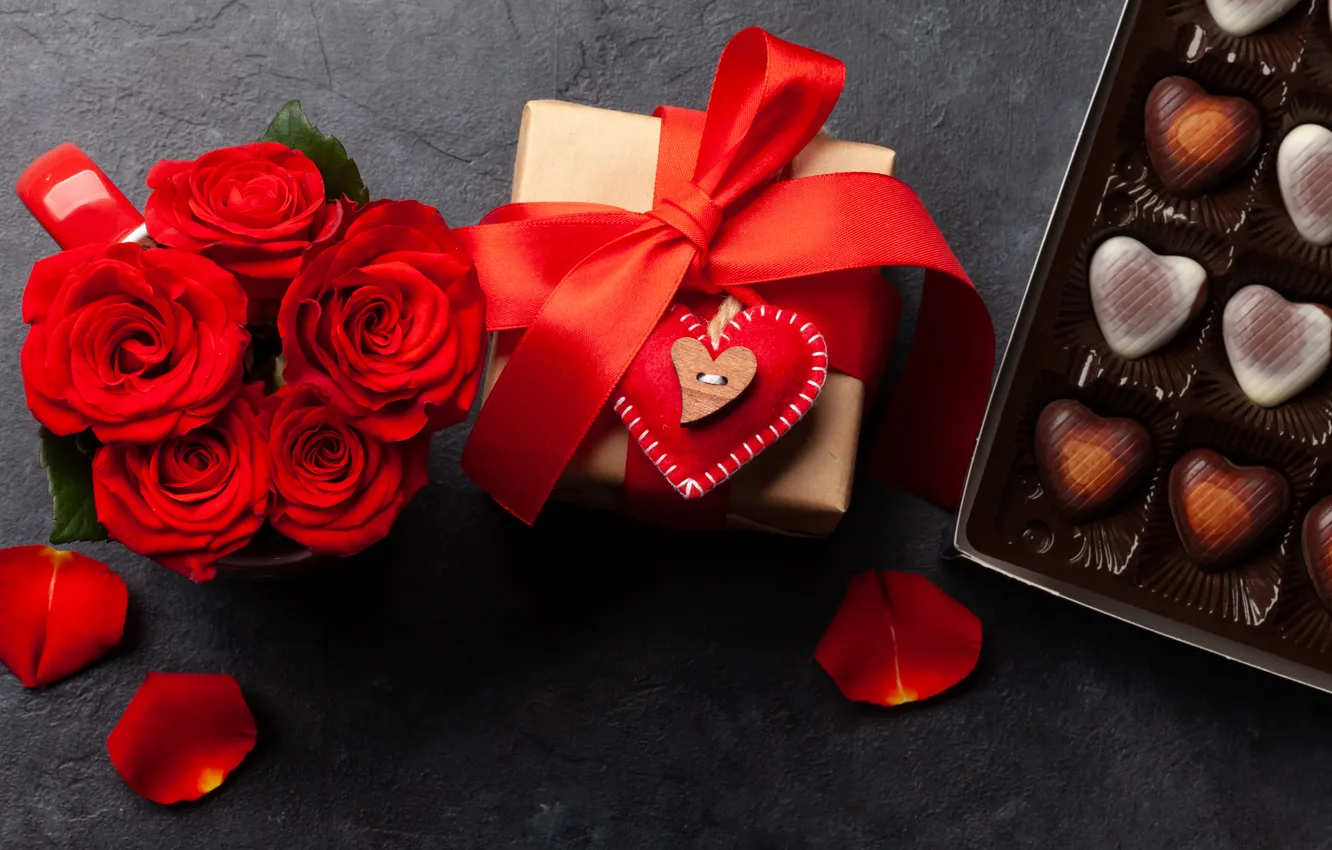 Photo wallpaper love, flowers, gift, romance, chocolate, roses, love, happy