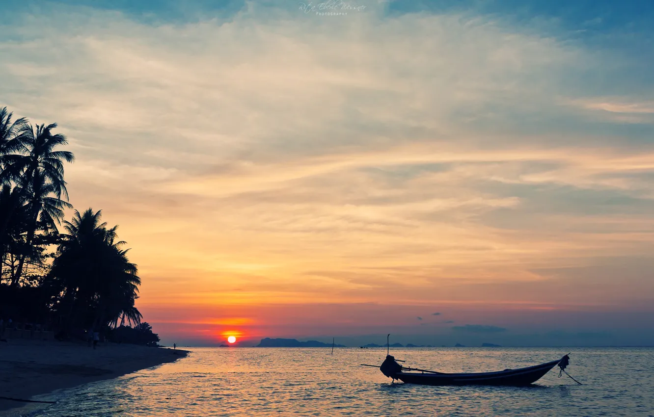 Photo wallpaper sea, beach, the sky, the sun, sunset, tropics, palm trees, shore