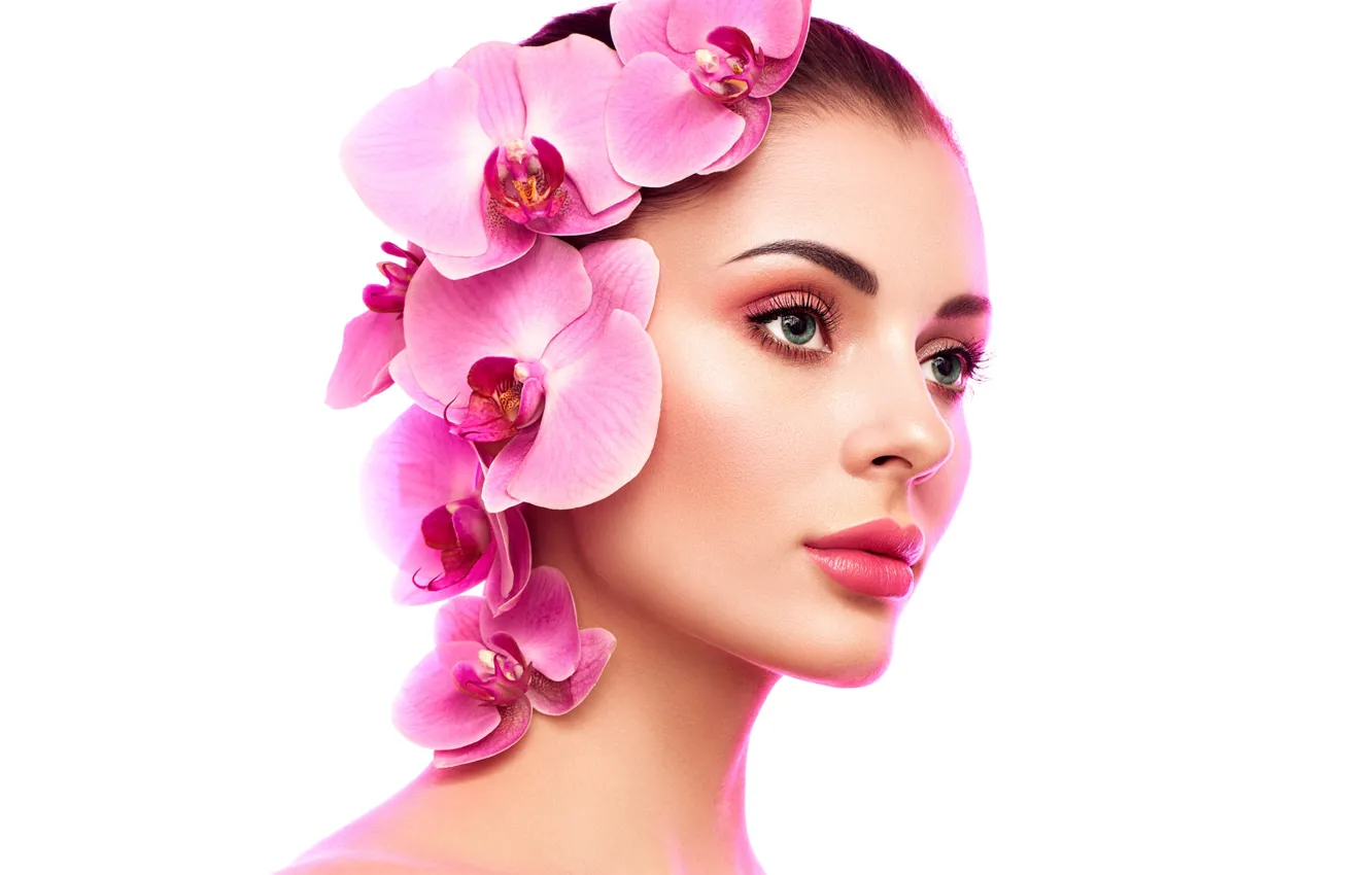 Photo wallpaper flowers, face, model, portrait, makeup, hairstyle, white background, beauty
