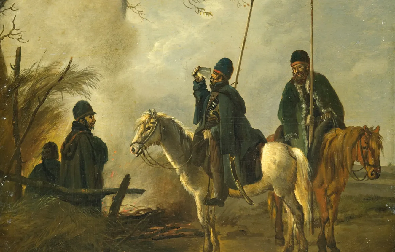 Photo wallpaper trees, oil, picture, genre, Pieter Gerardus van OS, Cossack Outpost in 1813