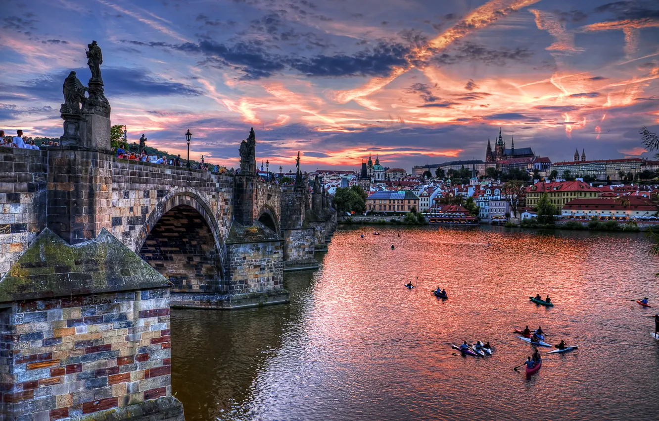 Photo wallpaper clouds, bridge, the city, river, home, the evening, Prague, Czech Republic
