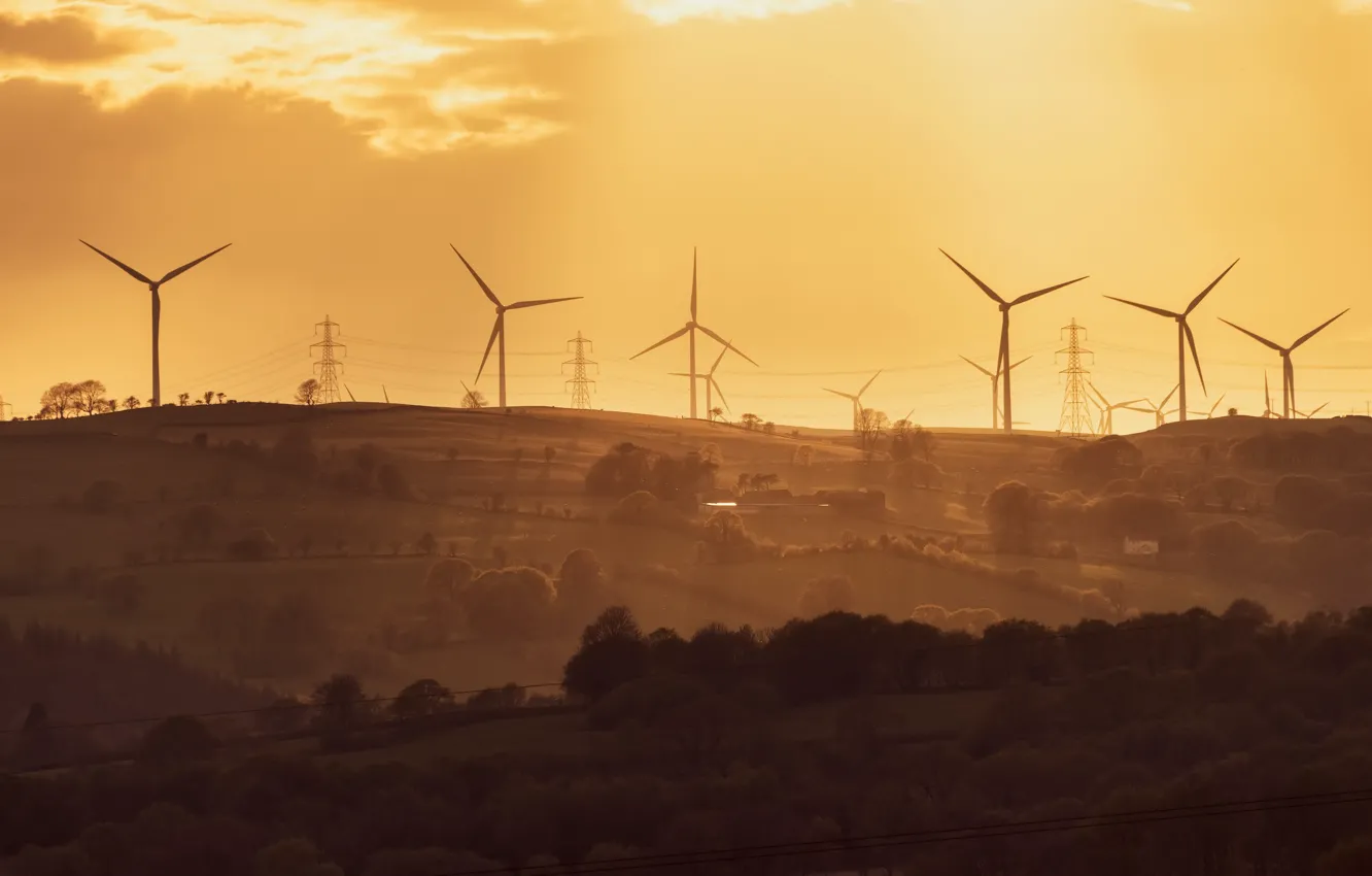 Photo wallpaper windmills, landscape, sunset