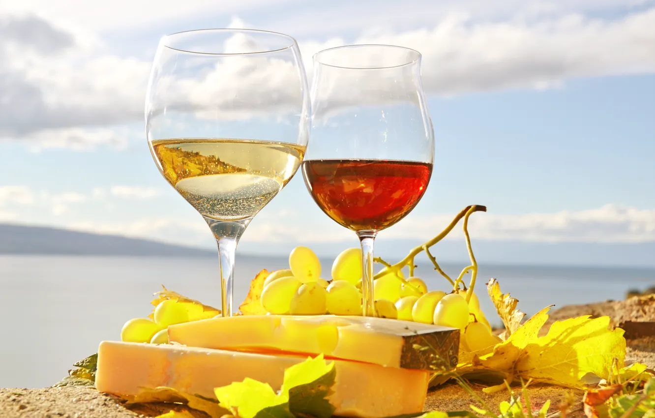 Photo wallpaper leaves, wine, red, white, cheese, glasses