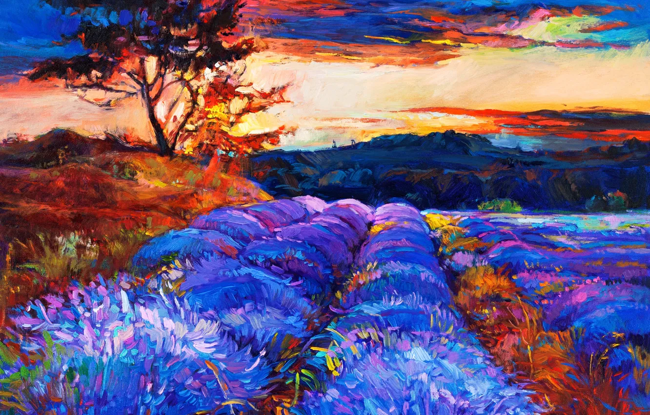 Photo wallpaper the sky, flowers, nature, painting, landscape. trees