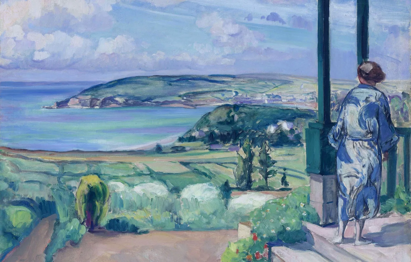 Photo wallpaper sea, landscape, mountains, picture, Henri Lebacq, Woman in Blue Peignoir at the Villa at Morgat
