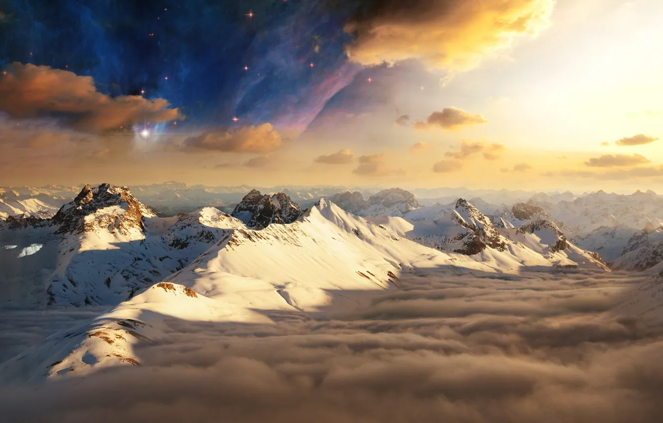 Photo wallpaper clouds, mountains, tops, Asgard