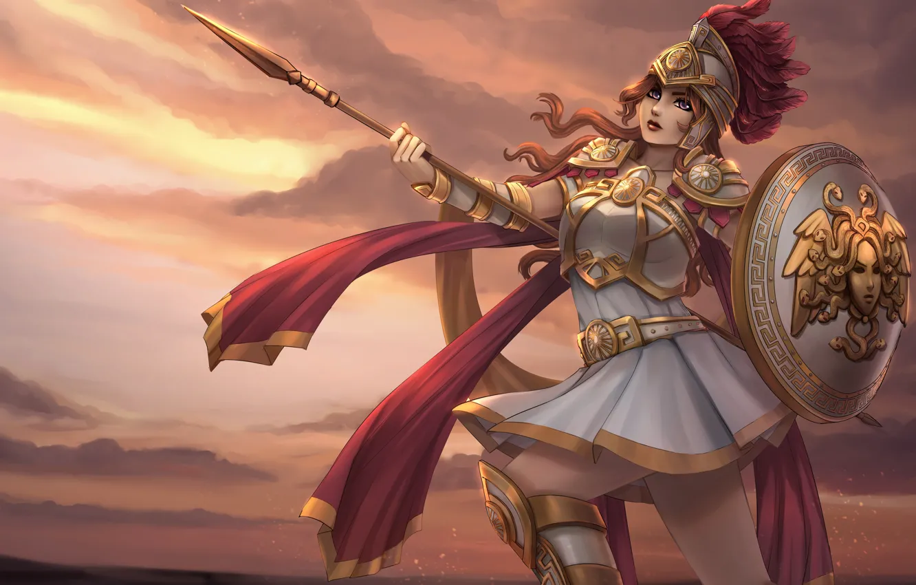 Photo wallpaper look, girl, spear, shield, art, goddess, athena