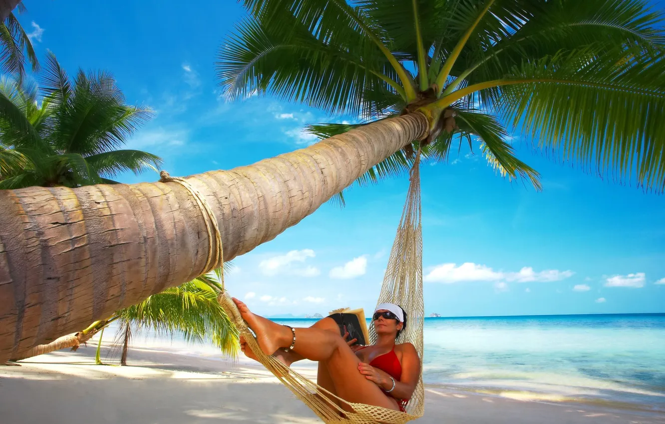 Photo wallpaper girl, palm trees, hammock