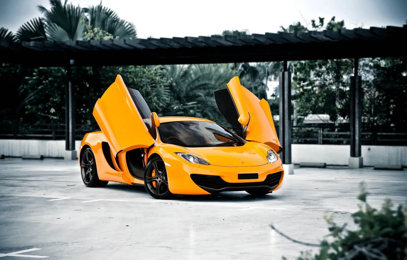 Photo wallpaper orange, McLaren, canopy, black, front view, MP4-12C, orange, headlights