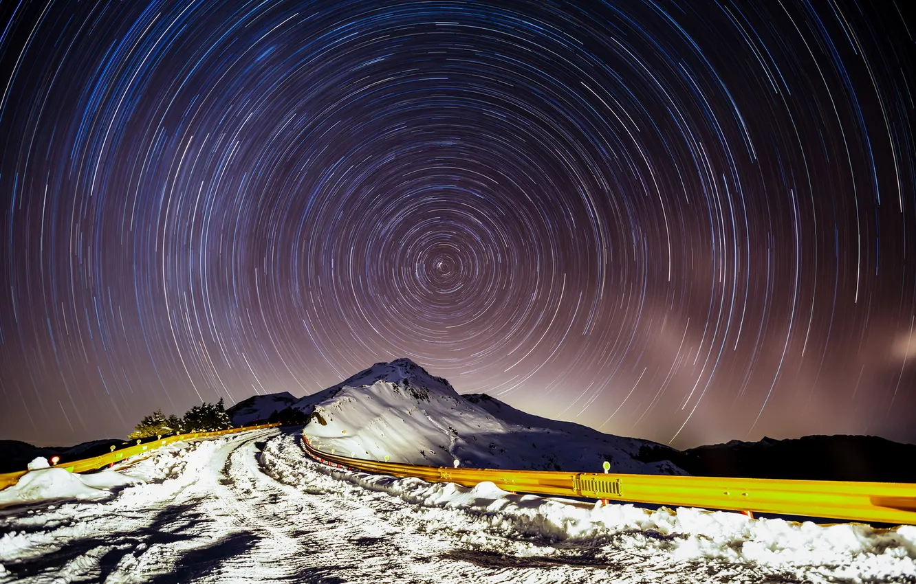 Photo wallpaper road, the sky, landscape, mountains, night