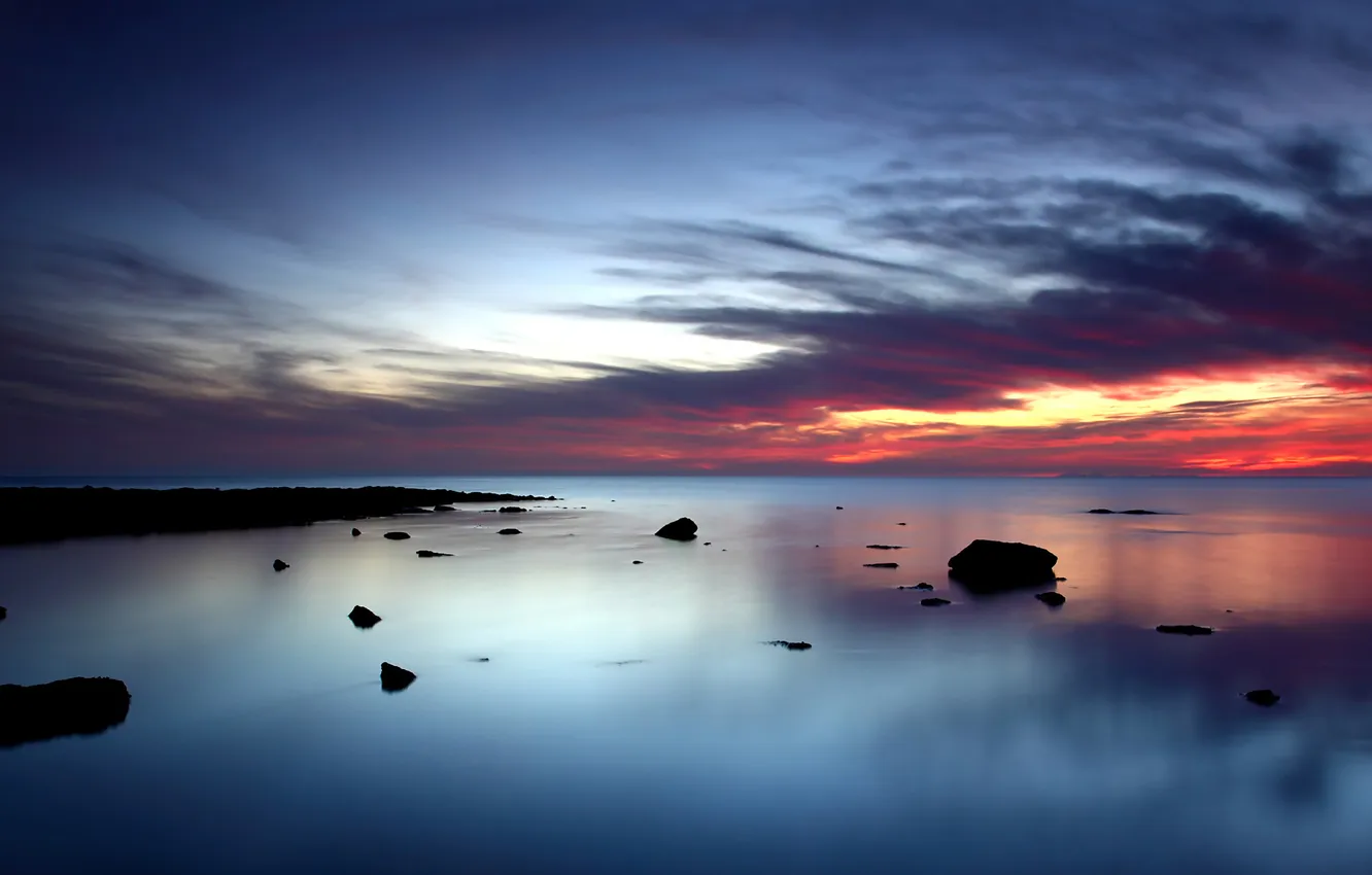 Photo wallpaper sea, the sky, sunset, stones