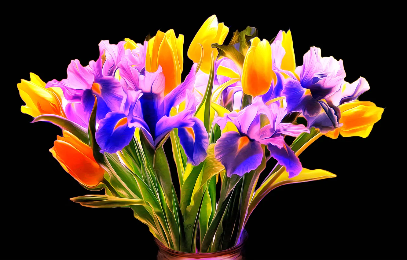 Photo wallpaper line, rendering, paint, bouquet, petals, tulips, iris