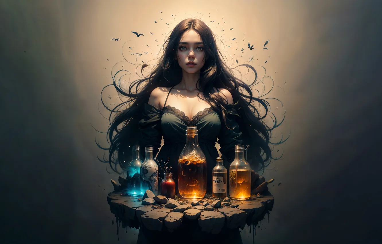 Photo wallpaper girl, background, Bank, flask