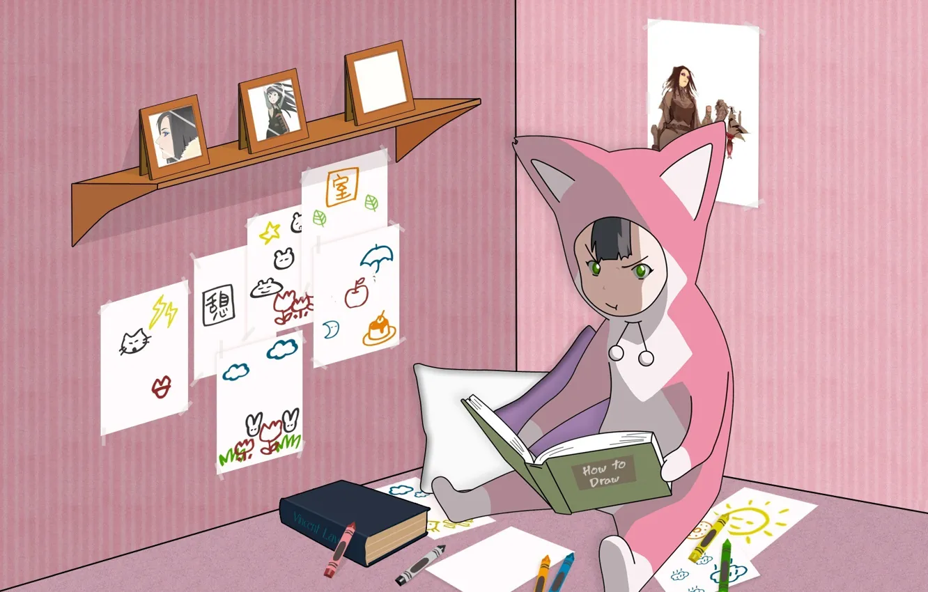 Photo wallpaper room, books, robot, child, drawings, jumpsuit, ears, on the floor