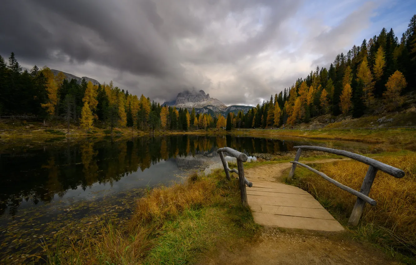 Photo wallpaper autumn, forest, grass, mountains, clouds, lake, reflection, overcast