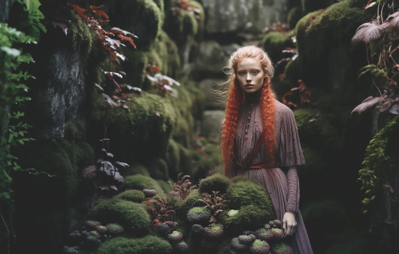 Photo wallpaper look, girl, nature, pose, stones, rocks, moss, dress