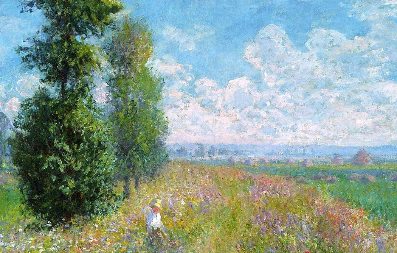 Photo wallpaper field, grass, landscape, flowers, picture, meadow, Claude Monet