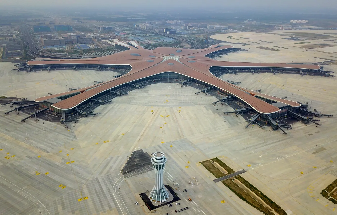 Photo wallpaper Airport, WFP, Terminal, Daxing, International airport Beijing Daxing, The control tower, Jet bridge, Beijing Daxing …